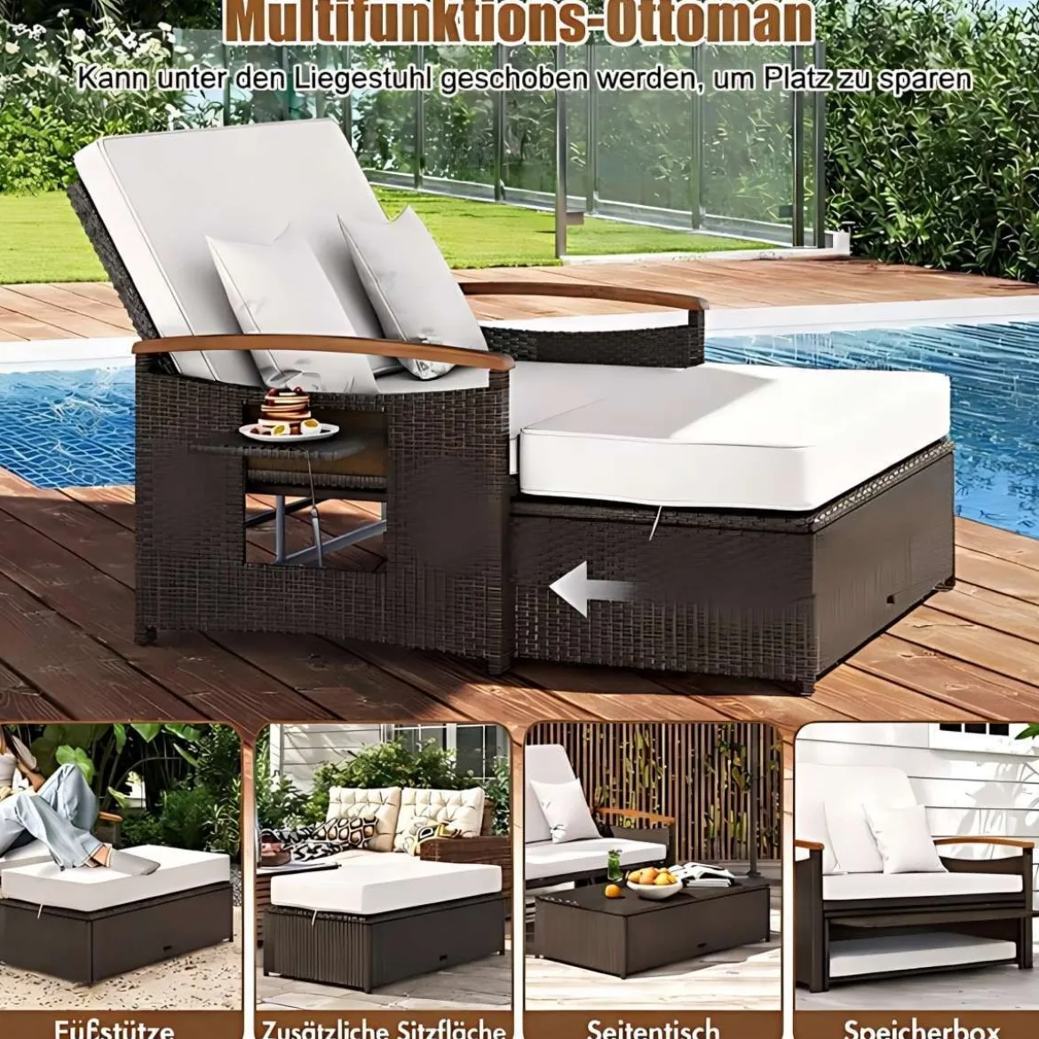 3 in 1 Rattan Lounge Möbel Set Doppelliege Tagesbett mit Liegefunktion 2 Sitzer & Hocker