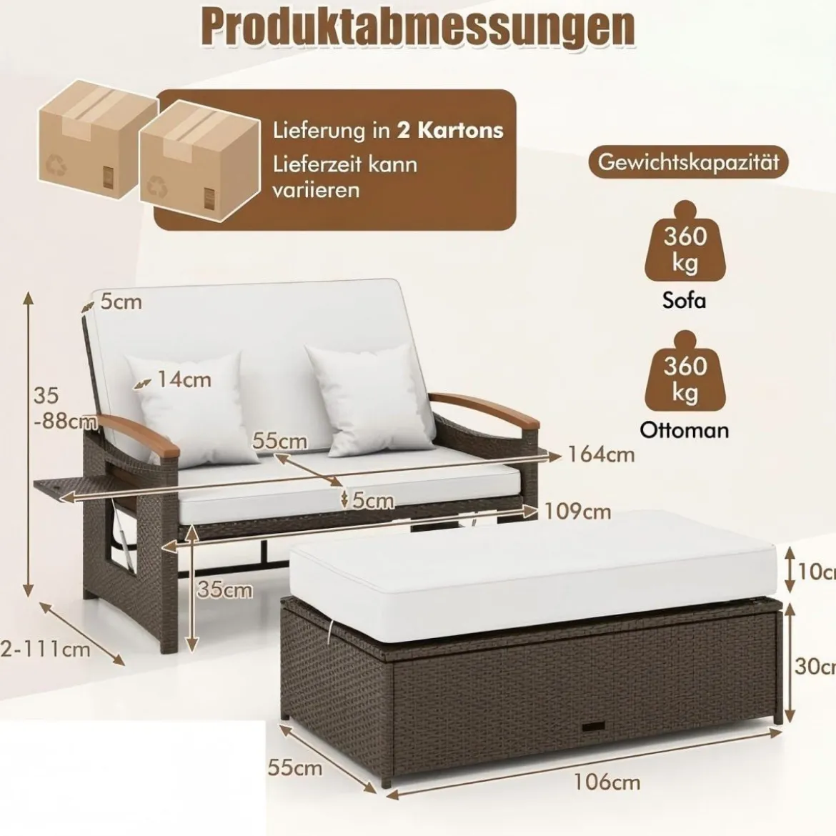 3 in 1 Rattan Lounge Möbel Set Doppelliege Tagesbett mit Liegefunktion 2 Sitzer & Hocker