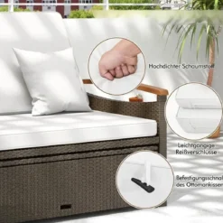 3 in 1 Rattan Lounge Möbel Set Doppelliege Tagesbett mit Liegefunktion 2 Sitzer & Hocker