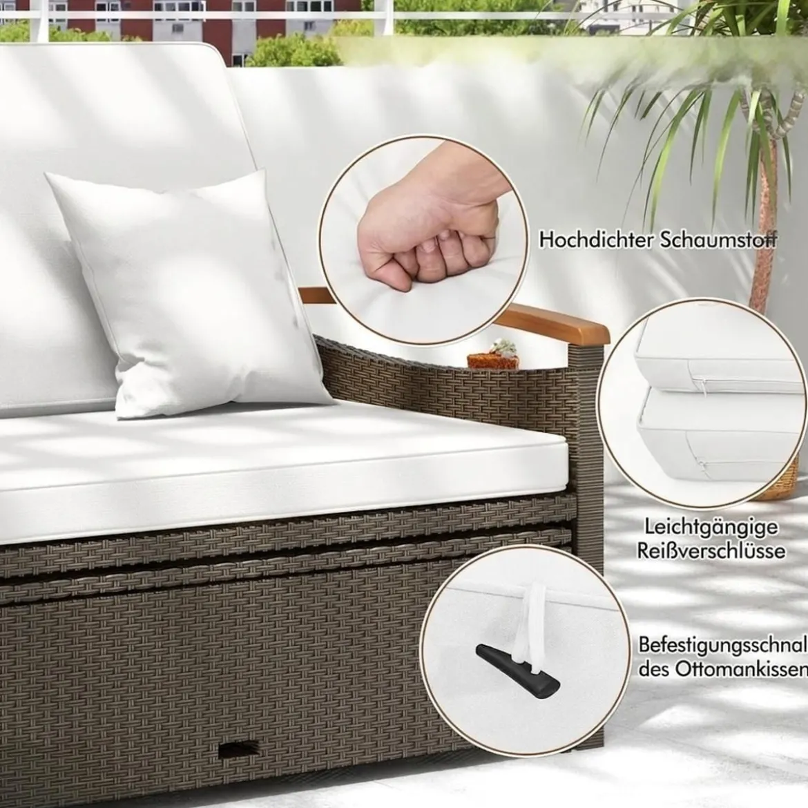 3 in 1 Rattan Lounge Möbel Set Doppelliege Tagesbett mit Liegefunktion 2 Sitzer & Hocker