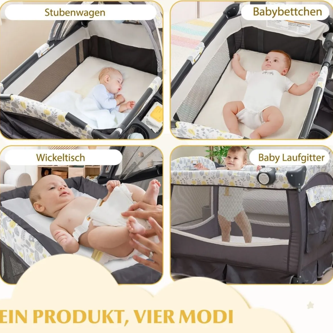 4 in 1 Reisebett mit Matratze Beistellbett klappbar mit verstellbaren Vordach