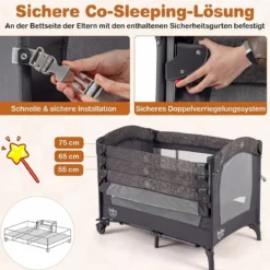 5 in 1 Reisebett mit Wickelauflage 2 Sicherheitsgurten & Laufstall Babybett 3-stufig Höhenverstellbar