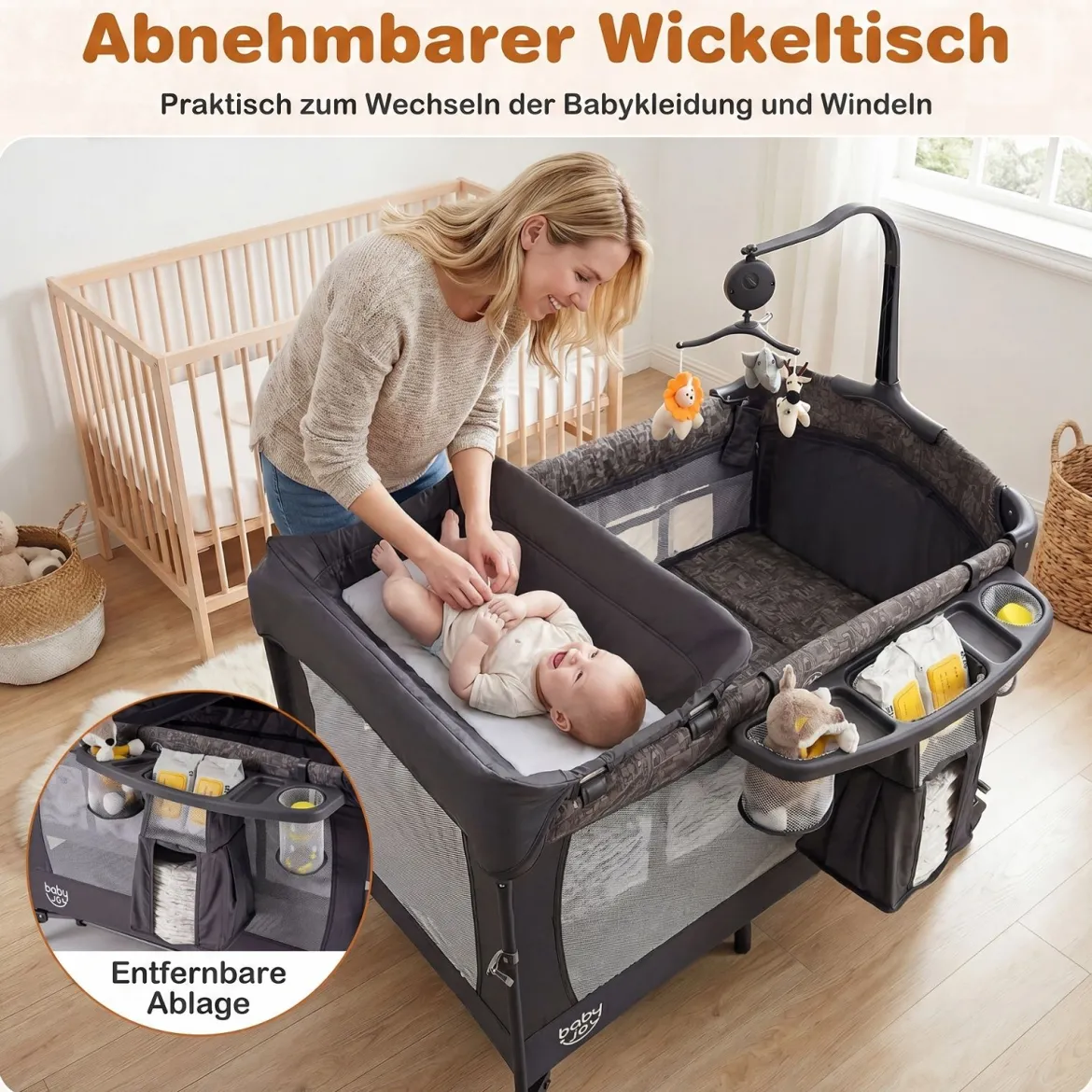 5 in 1 Reisebett mit Wickelauflage 2 Sicherheitsgurten & Laufstall Babybett 3-stufig Höhenverstellbar