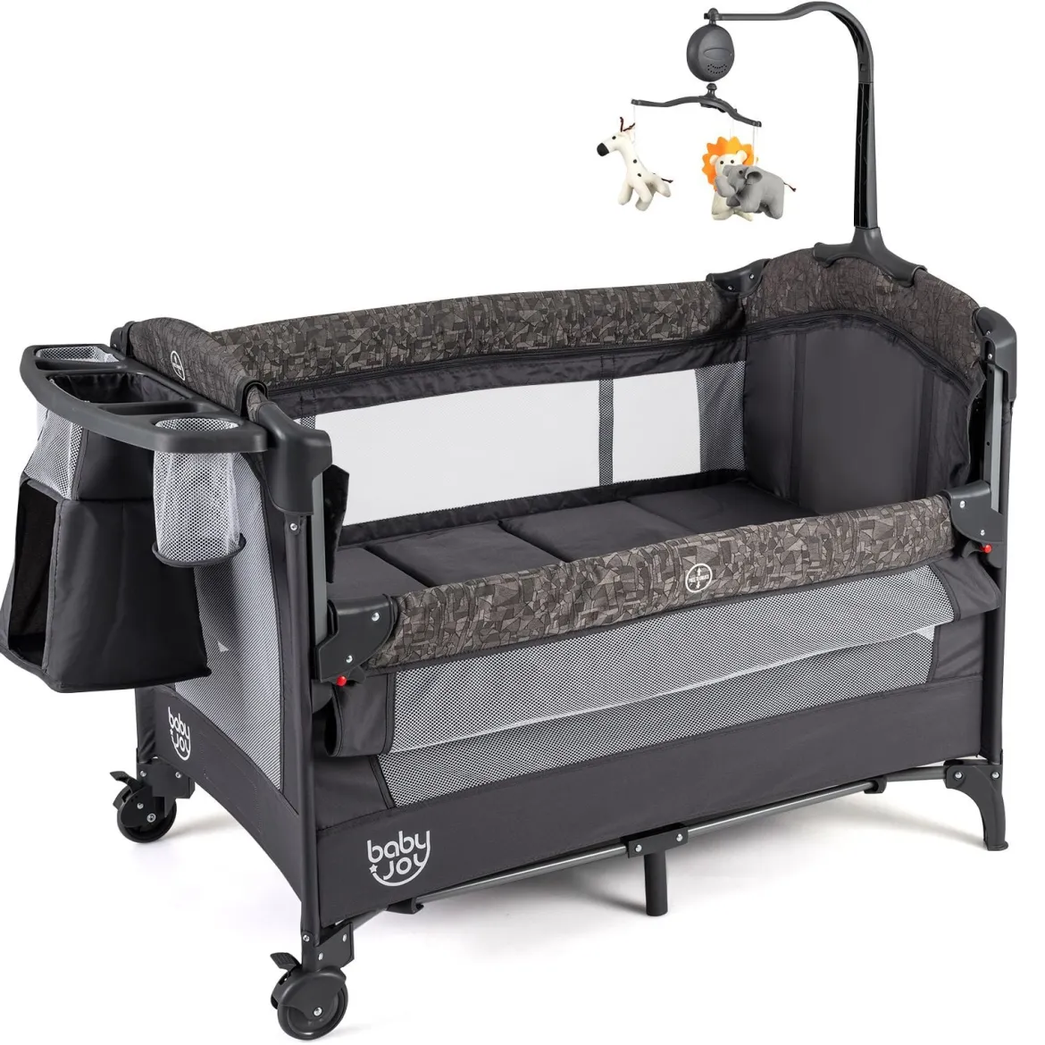 5 in 1 Reisebett mit Wickelauflage 2 Sicherheitsgurten & Laufstall Babybett 3-stufig Höhenverstellbar