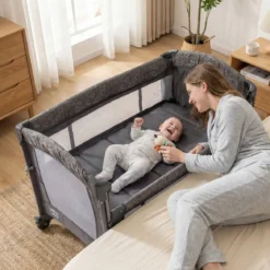 5 in 1 Reisebett mit Wickelauflage 2 Sicherheitsgurten & Laufstall Babybett 3-stufig Höhenverstellbar