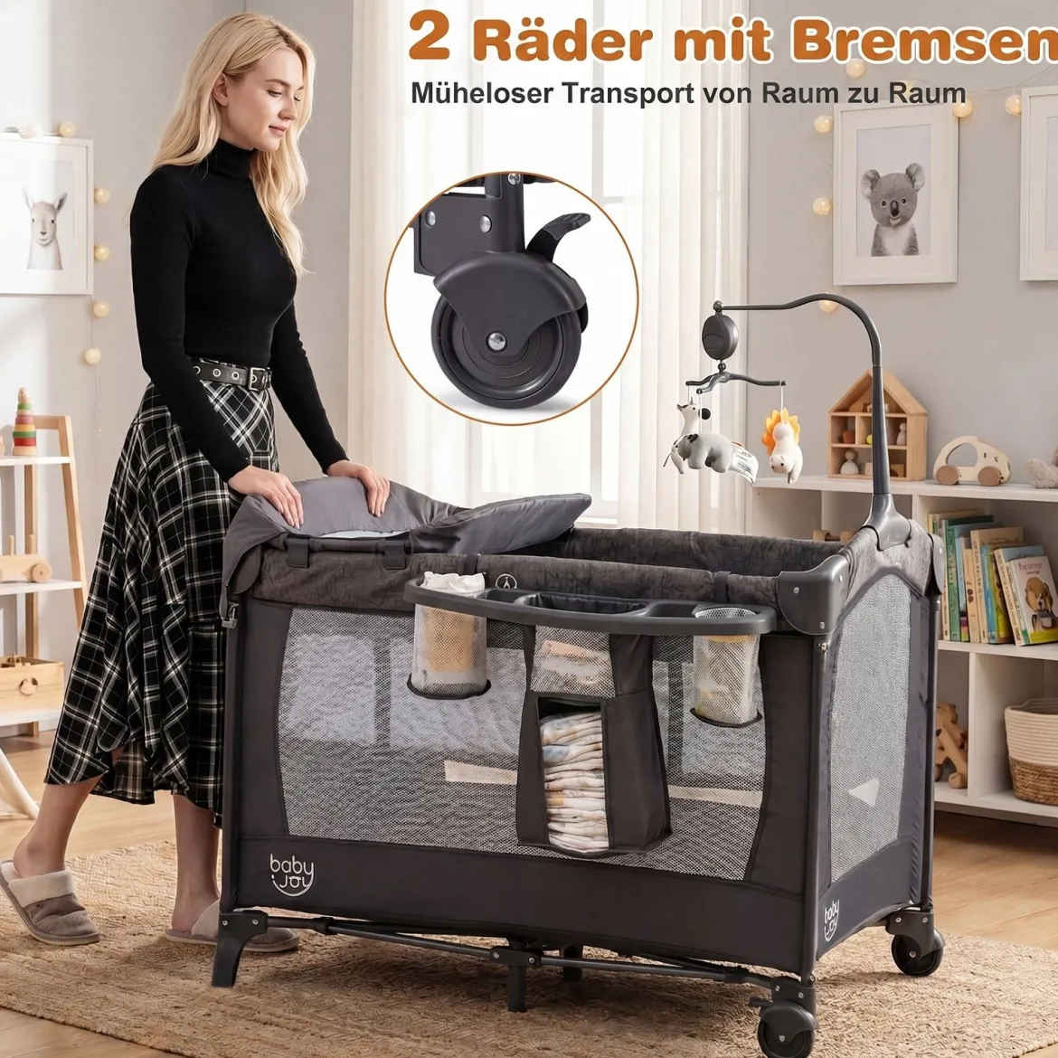 5 in 1 Reisebett mit Wickelauflage 2 Sicherheitsgurten & Laufstall Babybett 3-stufig Höhenverstellbar