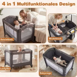 5 in 1 Reisebett mit Wickelauflage 2 Sicherheitsgurten & Laufstall Babybett 3-stufig Höhenverstellbar
