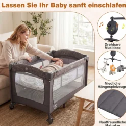 5 in 1 Reisebett mit Wickelauflage 2 Sicherheitsgurten & Laufstall Babybett 3-stufig Höhenverstellbar
