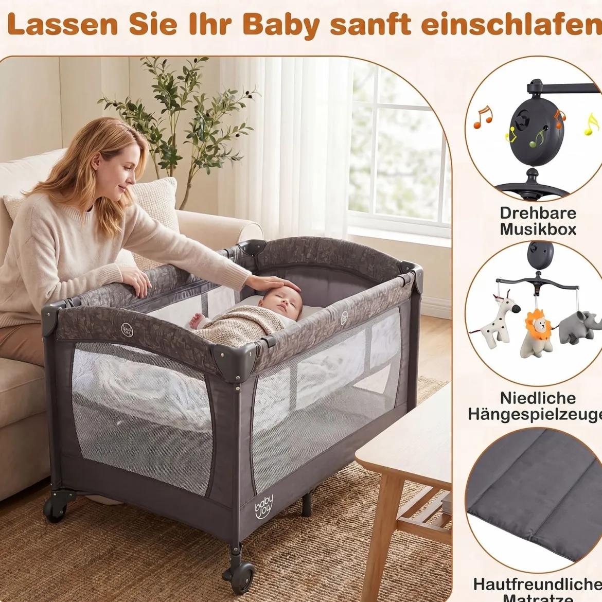 5 in 1 Reisebett mit Wickelauflage 2 Sicherheitsgurten & Laufstall Babybett 3-stufig Höhenverstellbar