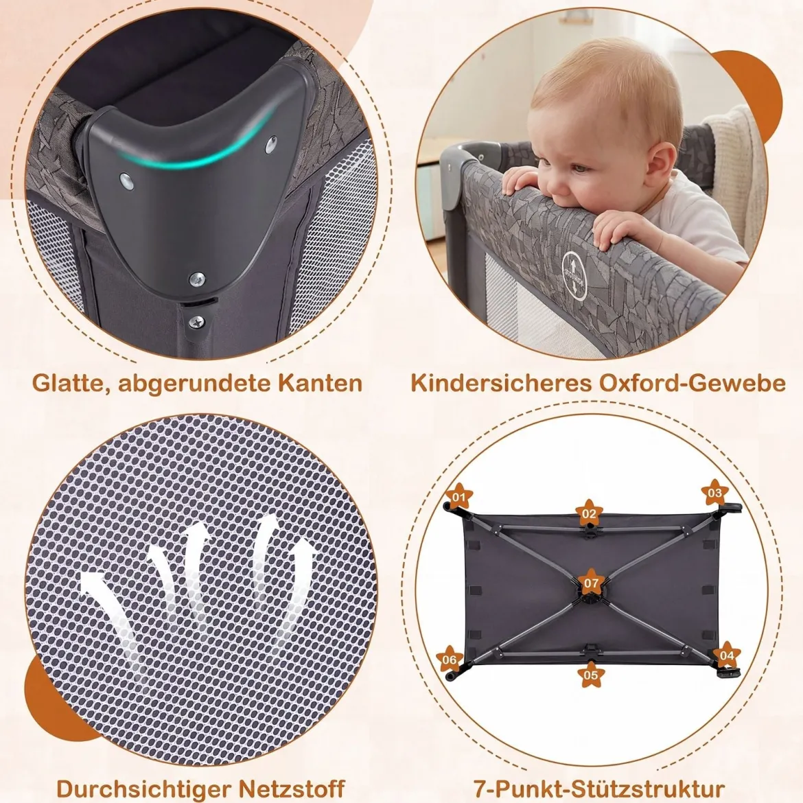 5 in 1 Reisebett mit Wickelauflage 2 Sicherheitsgurten & Laufstall Babybett 3-stufig Höhenverstellbar