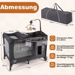 5 in 1 Reisebett mit Wickelauflage 2 Sicherheitsgurten & Laufstall Babybett 3-stufig Höhenverstellbar