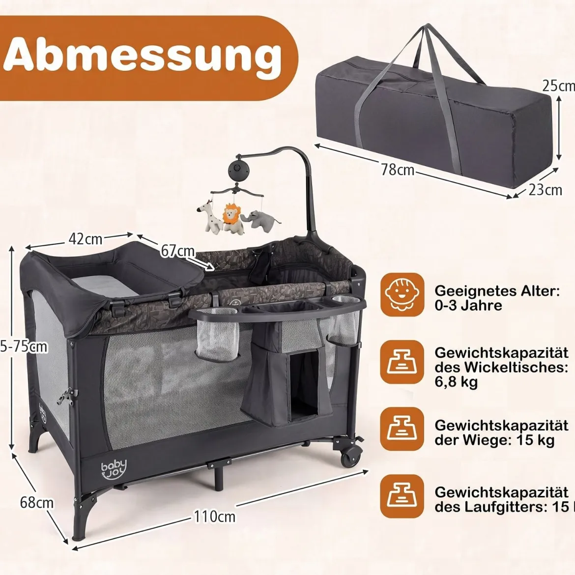 5 in 1 Reisebett mit Wickelauflage 2 Sicherheitsgurten & Laufstall Babybett 3-stufig Höhenverstellbar
