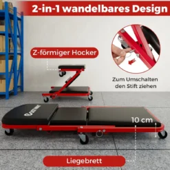 2 in 1 Rollbrett Werkstatt Montagerollbrett mit 6 Rollen & gepolstertem Sitz bis 150 kg Belastbar Schwarz