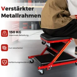2 in 1 Rollbrett Werkstatt Montagerollbrett mit 6 Rollen & gepolstertem Sitz bis 150 kg Belastbar Schwarz