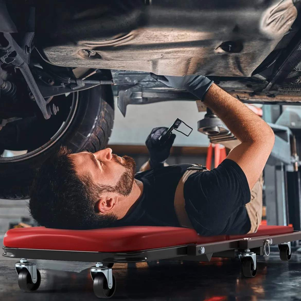 2 in 1 Rollbrett Werkstatt Montagerollbrett mit 6 Rollen & Gepolstertem Sitz bis 150 kg Belastbar Rot