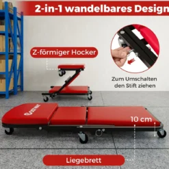 2 in 1 Rollbrett Werkstatt Montagerollbrett mit 6 Rollen & Gepolstertem Sitz bis 150 kg Belastbar Rot