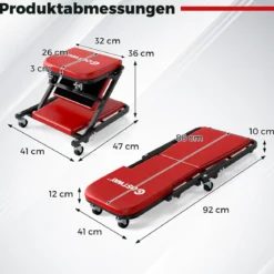 2 in 1 Rollbrett Werkstatt Montagerollbrett mit 6 Rollen & Gepolstertem Sitz bis 150 kg Belastbar Rot
