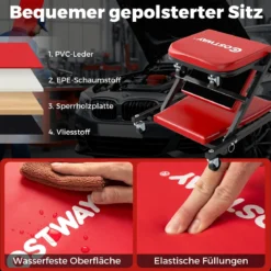 2 in 1 Rollbrett Werkstatt Montagerollbrett mit 6 Rollen & Gepolstertem Sitz bis 150 kg Belastbar Rot