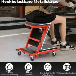 2 in 1 Rollbrett Werkstatt Montagerollbrett mit 6 Rollen & Gepolstertem Sitz bis 160 kg Belastbar Schwarz