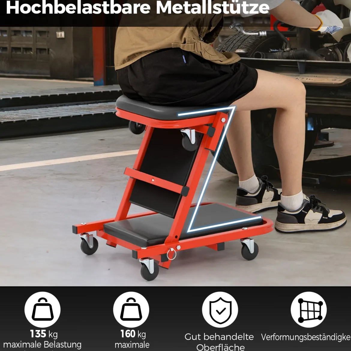 2 in 1 Rollbrett Werkstatt Montagerollbrett mit 6 Rollen & Gepolstertem Sitz bis 160 kg Belastbar Schwarz