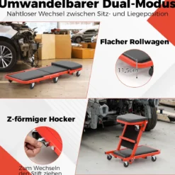 2 in 1 Rollbrett Werkstatt Montagerollbrett mit 6 Rollen & Gepolstertem Sitz bis 160 kg Belastbar Schwarz