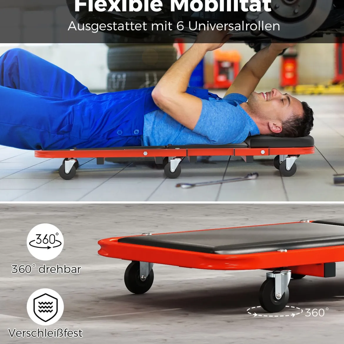 2 in 1 Rollbrett Werkstatt Montagerollbrett mit 6 Rollen & Gepolstertem Sitz bis 160 kg Belastbar Schwarz