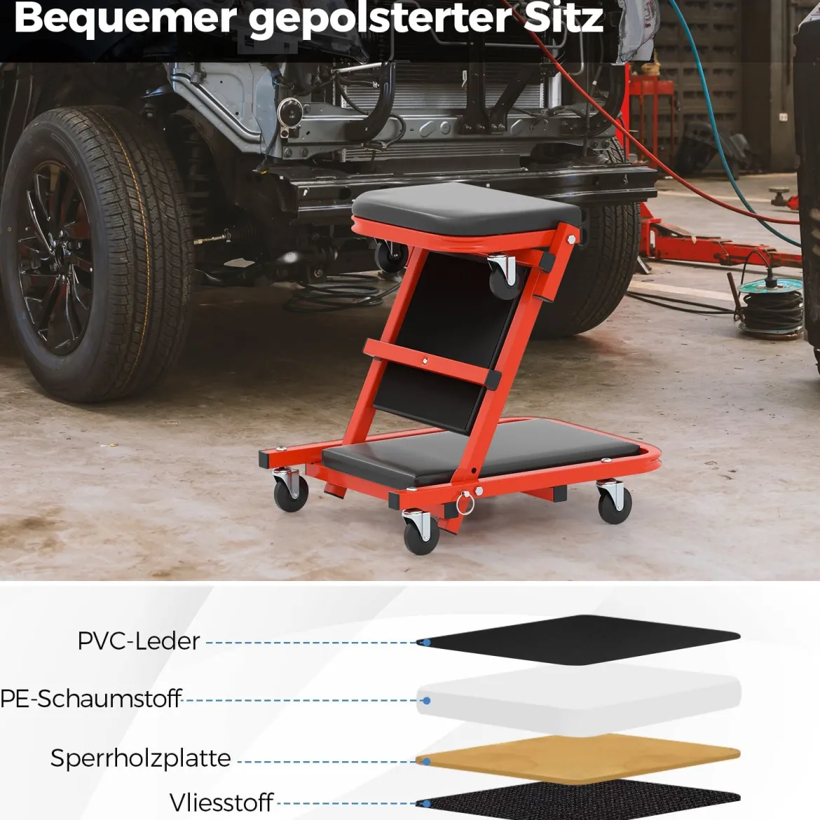 2 in 1 Rollbrett Werkstatt Montagerollbrett mit 6 Rollen & Gepolstertem Sitz bis 160 kg Belastbar Schwarz