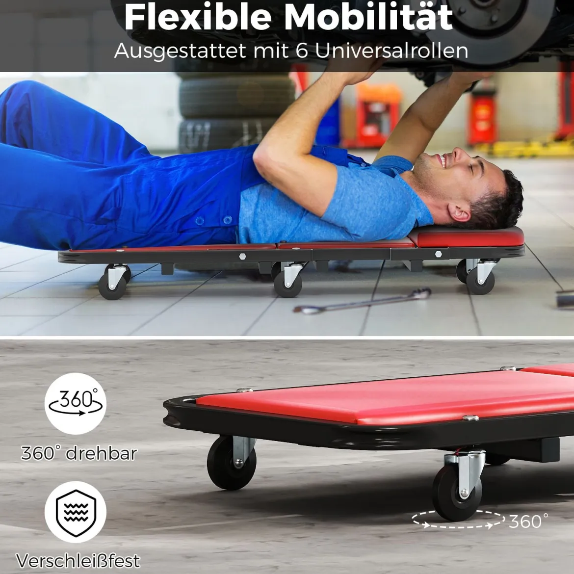 2 in 1 Rollbrett Werkstatt Montagerollbrett mit 6 Rollen & Gepolstertem Sitz bis 160 kg Belastbar Rot