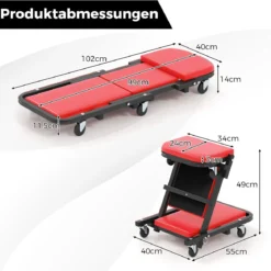 2 in 1 Rollbrett Werkstatt Montagerollbrett mit 6 Rollen & Gepolstertem Sitz bis 160 kg Belastbar Rot
