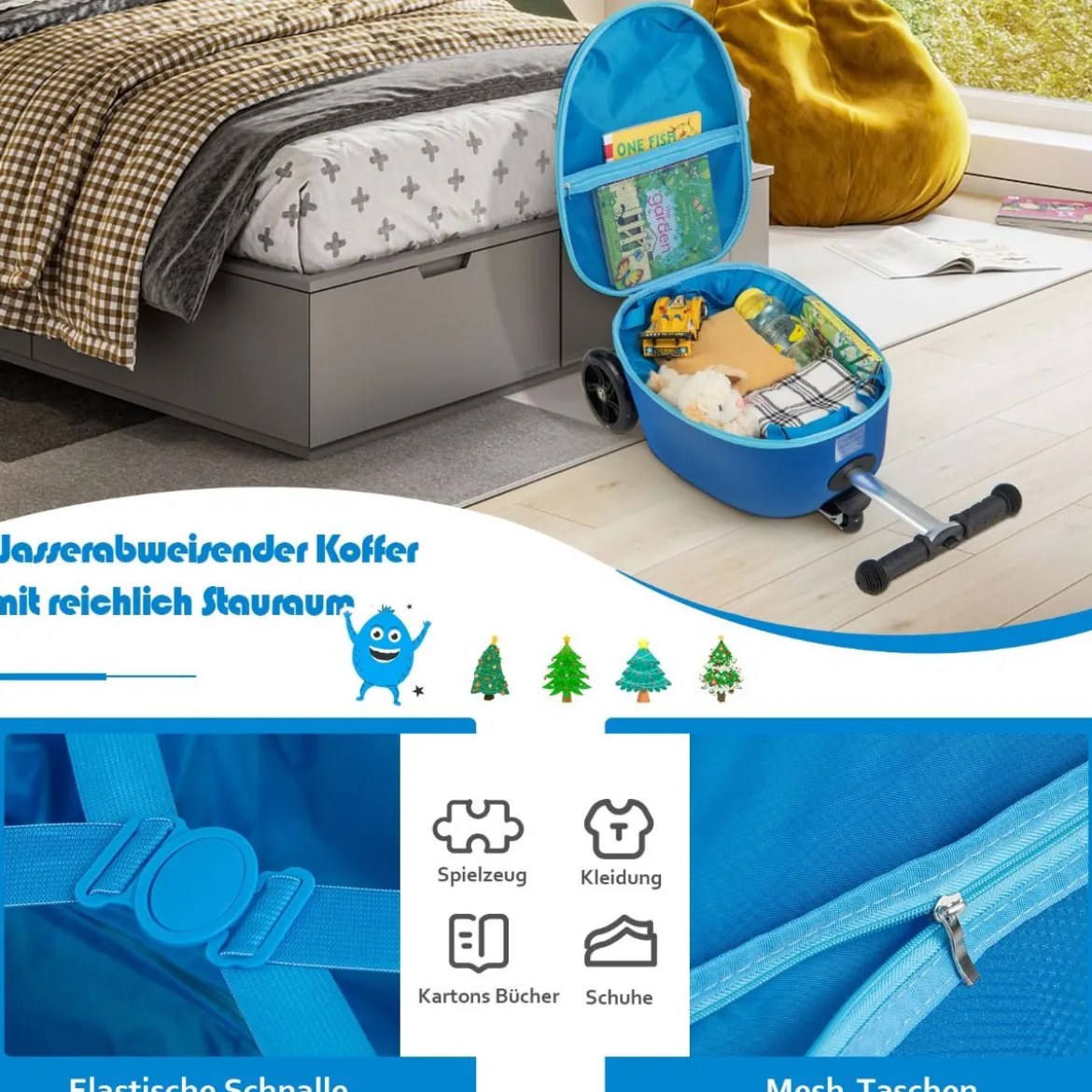 2-in-1-Rollkoffer/Scooter mit 3 Farbig Beleuchteten Rädern & Cartoon-Muster für Reisen Marineblau