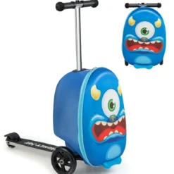 2-in-1-Rollkoffer/Scooter mit 3 Farbig Beleuchteten Rädern & Cartoon-Muster für Reisen Marineblau