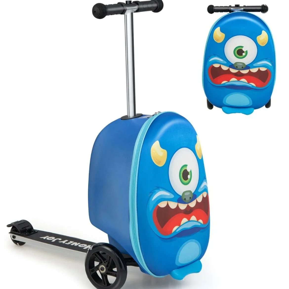 2-in-1-Rollkoffer/Scooter mit 3 Farbig Beleuchteten Rädern & Cartoon-Muster für Reisen Marineblau