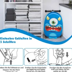 2-in-1-Rollkoffer/Scooter mit 3 Farbig Beleuchteten Rädern & Cartoon-Muster für Reisen Marineblau
