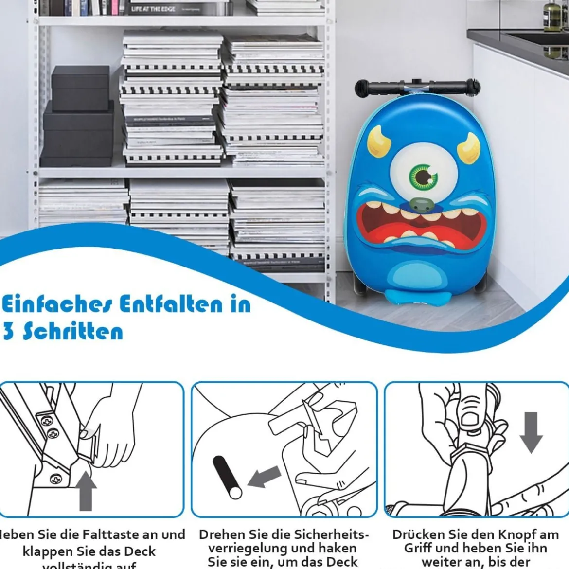 2-in-1-Rollkoffer/Scooter mit 3 Farbig Beleuchteten Rädern & Cartoon-Muster für Reisen Marineblau