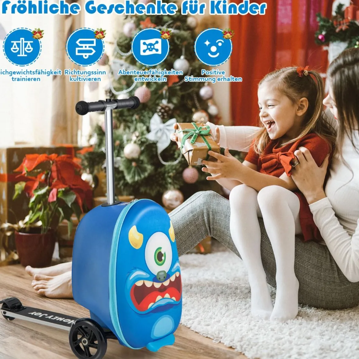 2-in-1-Rollkoffer/Scooter mit 3 Farbig Beleuchteten Rädern & Cartoon-Muster für Reisen Marineblau