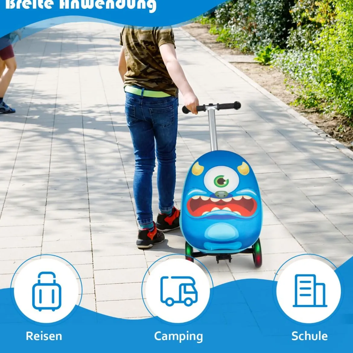 2-in-1-Rollkoffer/Scooter mit 3 Farbig Beleuchteten Rädern & Cartoon-Muster für Reisen Marineblau