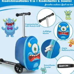 2-in-1-Rollkoffer/Scooter mit 3 Farbig Beleuchteten Rädern & Cartoon-Muster für Reisen Marineblau