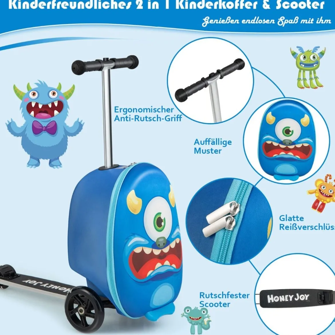 2-in-1-Rollkoffer/Scooter mit 3 Farbig Beleuchteten Rädern & Cartoon-Muster für Reisen Marineblau