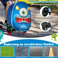 2-in-1-Rollkoffer/Scooter mit 3 Farbig Beleuchteten Rädern & Cartoon-Muster für Reisen Marineblau