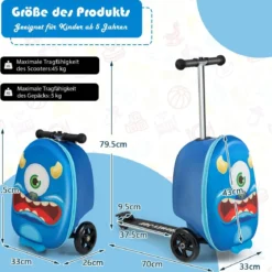 2-in-1-Rollkoffer/Scooter mit 3 Farbig Beleuchteten Rädern & Cartoon-Muster für Reisen Marineblau