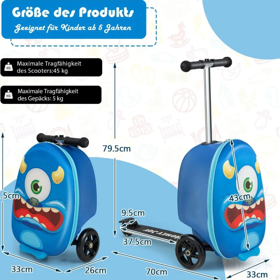 2-in-1-Rollkoffer/Scooter mit 3 Farbig Beleuchteten Rädern & Cartoon-Muster für Reisen Marineblau