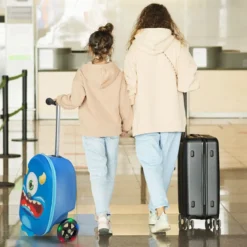 2-in-1-Rollkoffer/Scooter mit 3 Farbig Beleuchteten Rädern & Cartoon-Muster für Reisen Marineblau