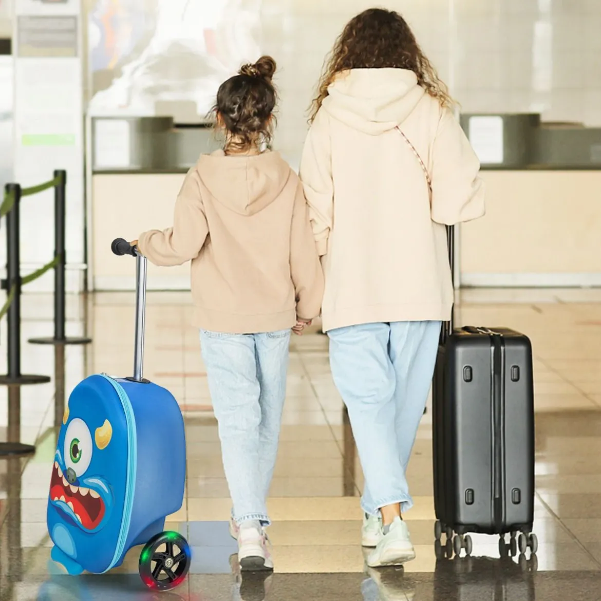 2-in-1-Rollkoffer/Scooter mit 3 Farbig Beleuchteten Rädern & Cartoon-Muster für Reisen Marineblau