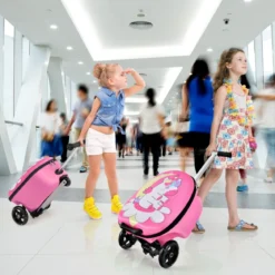 2-in-1-Rollkoffer & Scooter mit 3 Farbig Beleuchteten Rädern für Reisen Einhorn