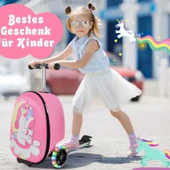 2-in-1-Rollkoffer & Scooter mit 3 Farbig Beleuchteten Rädern für Reisen Einhorn