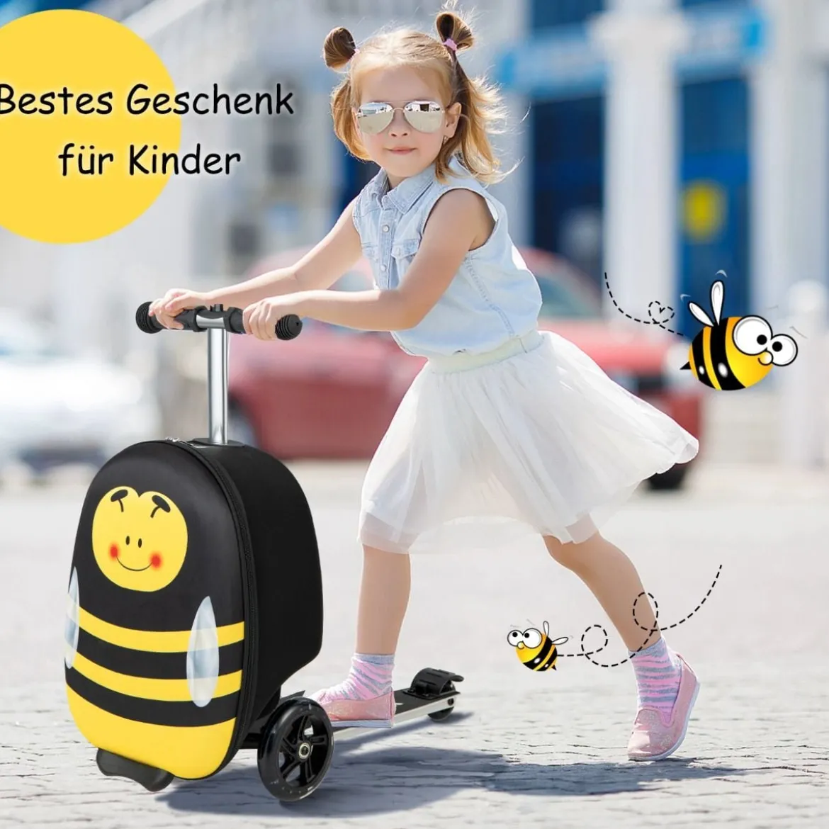 2-in-1-Rollkoffer/Scooter mit 3 Farbig Beleuchteten Rädern & Cartoon-Muster für Reisen Gelb