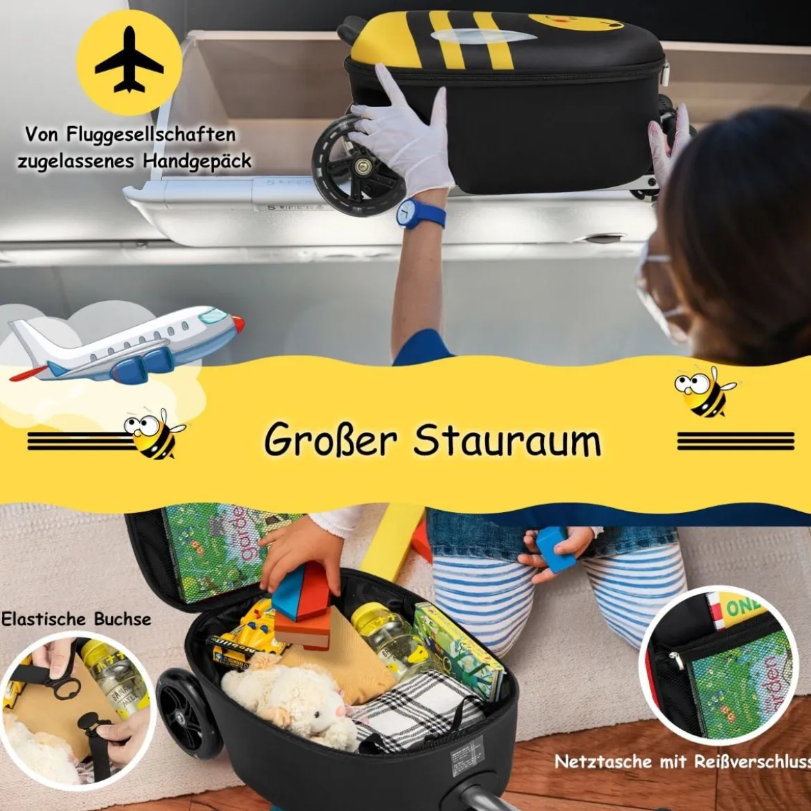 2-in-1-Rollkoffer/Scooter mit 3 Farbig Beleuchteten Rädern & Cartoon-Muster für Reisen Gelb