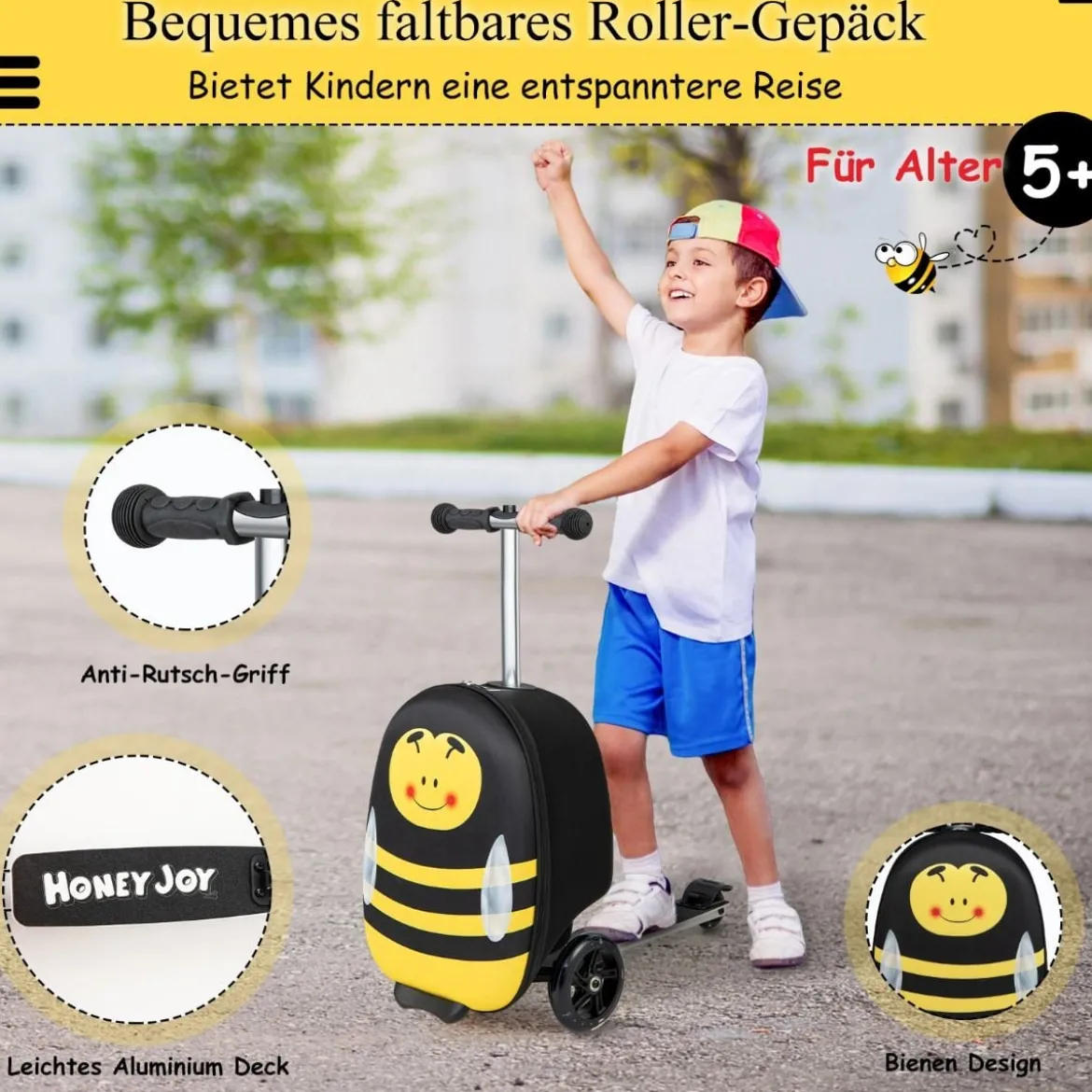 2-in-1-Rollkoffer/Scooter mit 3 Farbig Beleuchteten Rädern & Cartoon-Muster für Reisen Gelb