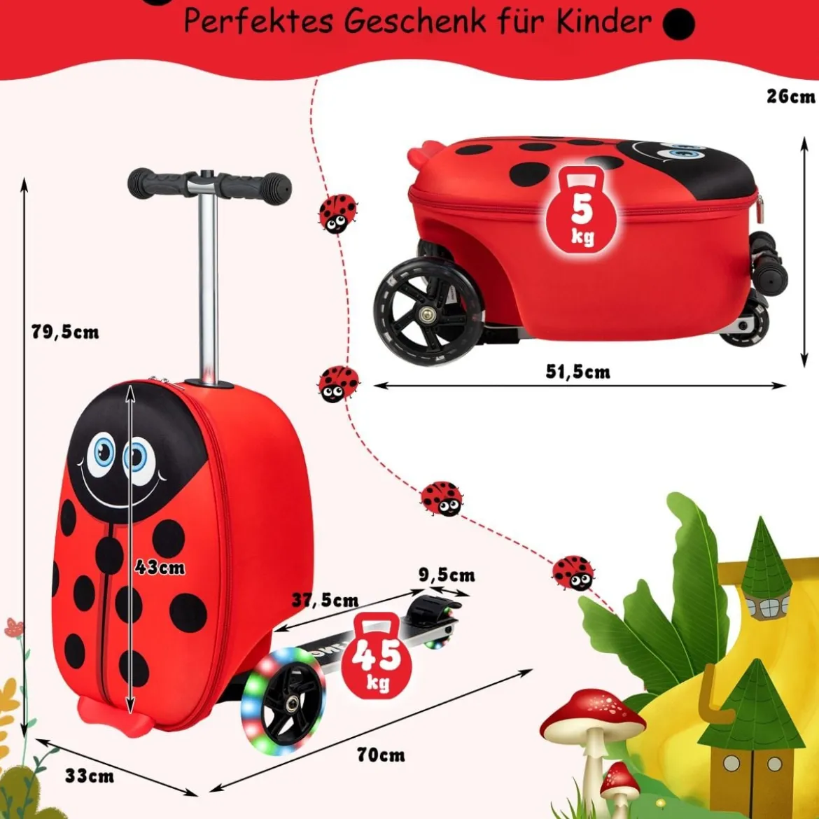 2-in-1-Rollkoffer/Scooter mit 3 Farbig Beleuchteten Rädern & Cartoon-Muster für Reisen Rot