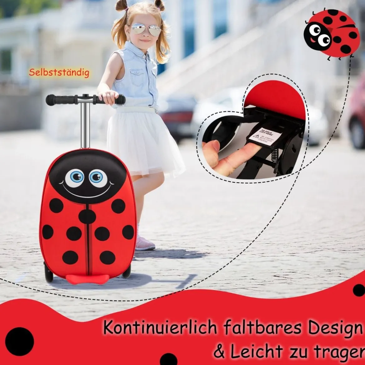 2-in-1-Rollkoffer/Scooter mit 3 Farbig Beleuchteten Rädern & Cartoon-Muster für Reisen Rot